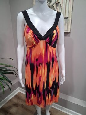 Blu Sage Orange, Pink & Black V-Neck Sleeveless Mini Dress